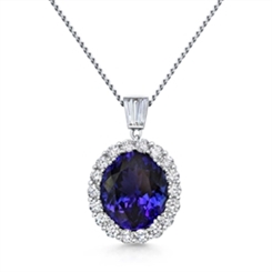 Tanzanite Oval Cluster Pendant With Tapered Baguette Diamonds 8.23ct
